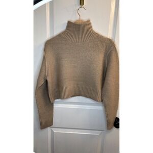 Elodie Womens Tan Cropped Turtleneck Sweater Size Small Chunky Knit Ribbed Trim